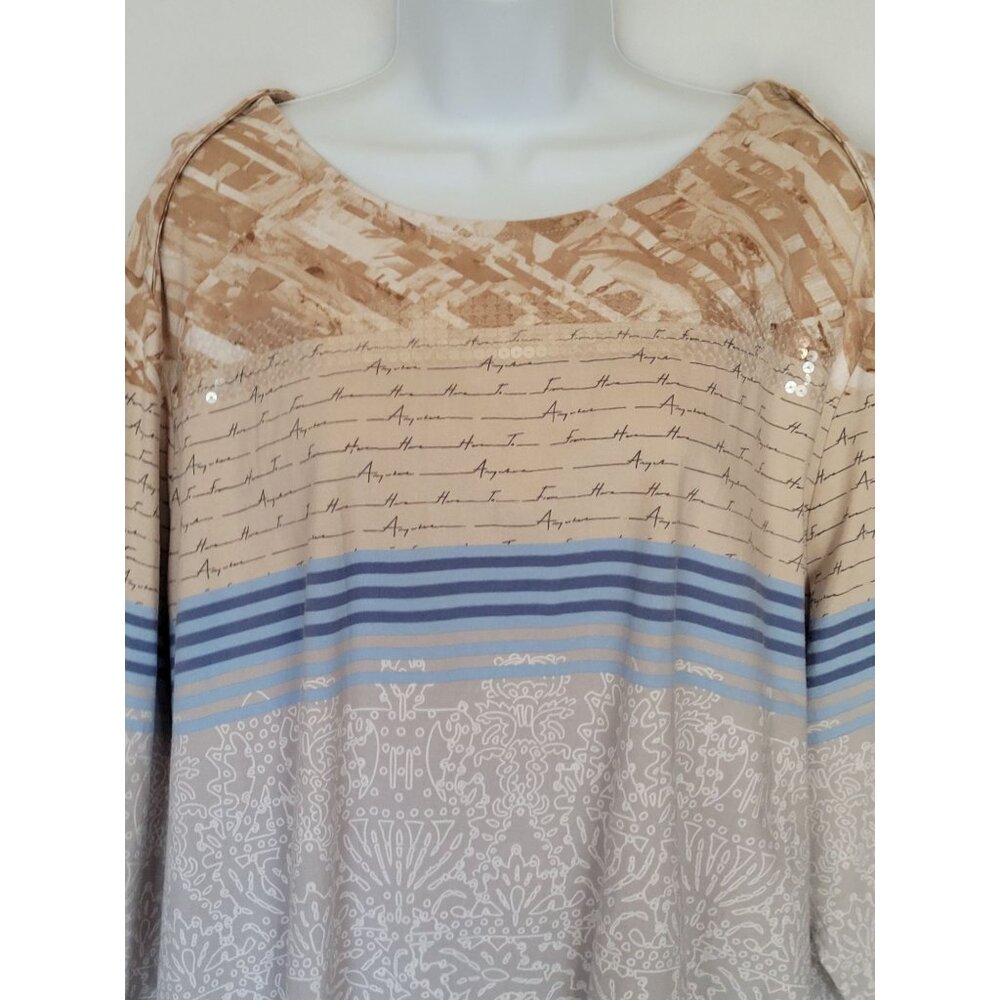 CJ Banks Blouse Womens 3X Tan Blue Print KnitTop Embellished‎ Sequins Round Neck